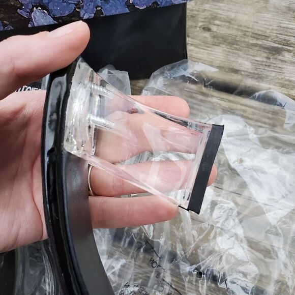 Vintage 90s Y2K Lucite Rhinestone Rachel Green Square Toe Chunky Heel Sandals - Picture 7 of 9